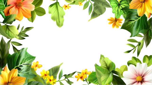 Clean green photo frame with fresh blooming flowers of various colors and green leaves isolated on white or transparent background. PNG file