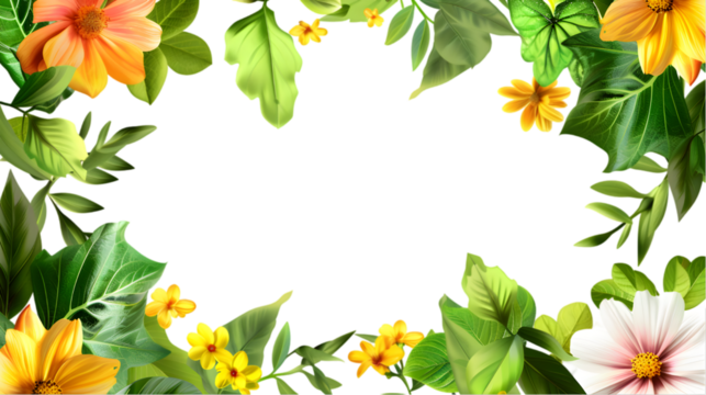 Clean green photo frame with fresh blooming flowers of various colors and green leaves isolated on white or transparent background. PNG file