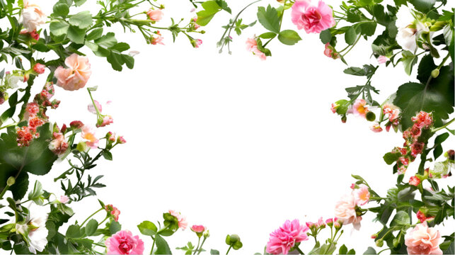 Clean green photo frame with fresh blooming flowers of various colors and green leaves isolated on white or transparent background