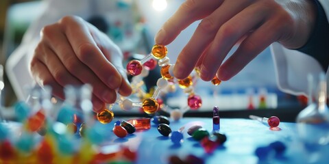 close-up of a scientist's hands working on a drug synthesis experiment in a copy space, a molecular model - obrazy, fototapety, plakaty
