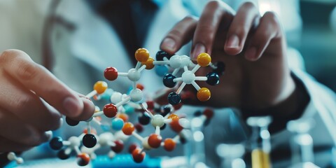 close-up of a scientist's hands working on a drug synthesis experiment in a copy space, a molecular model