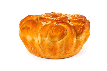 Homemade pampushka with garlic on a white background. Traditional Ukrainian bun.