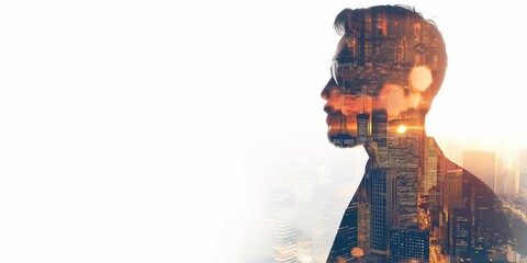 A businessman working in double exposure with a white backdrop and a high detail cityscape - obrazy, fototapety, plakaty