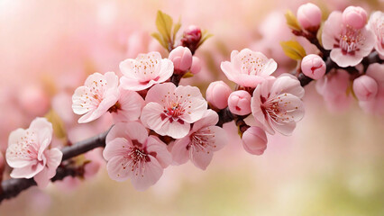 Beautiful blossoming branch of peach on blurred background, closeup