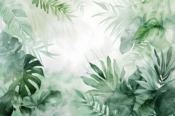 Tropical foliage pastel watercolor, White and green background with leaves