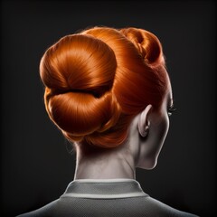 Fototapeta premium professional red hair bun model back view in a diamond spinning hairdresser salon crissors comb cute sample beauty design fashion style pretty lady top Generative AI