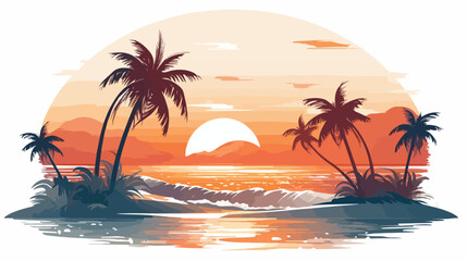 Summer illustration with palms sun beach and sea wave