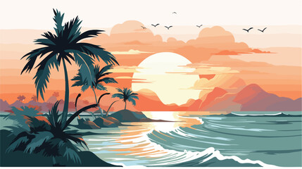 Summer illustration with palms sun beach and sea wave
