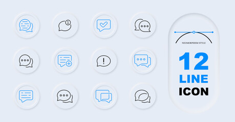 Message line icon set. Favorites, emotions, correspondence, star, video hosting, heart, emoji, message, attitude. Neomorphism style. Vector line icon for Business