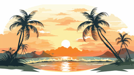 Fototapeta na wymiar Summer illustration with palms sun beach and sea wave