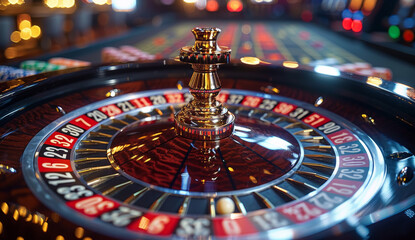 Roulette wheel in motion and small ball on the table
