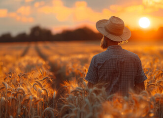 Fototapeta premium Farmer standing in wheat field looking at the sunset