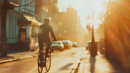Foto op Canvas A man is riding a bicycle down a street. The sun is shining brightly, casting a warm glow on the scene. The street is lined with parked cars, and there is a bench nearby © Daw