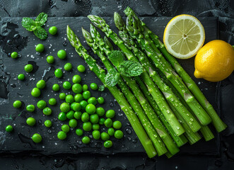 Fresh green asparagus and green peas on black stone board top view