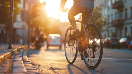 Foto op Plexiglas A man is riding a bicycle down a street. The sun is shining brightly, casting a warm glow on the scene. The street is lined with parked cars, and there is a bench nearby © Daw