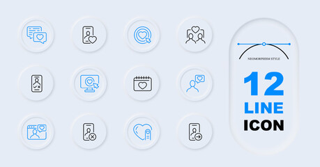 Dating site line icon set. Love, attitude, heart, smartphone, swipe, match, valentine's day. Neomorphism style. Vector line icon for Business