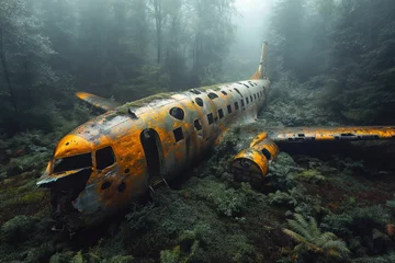 Fototapete Alte Flugzeuge wreckage of old passenger plane that crashed in a plane crash lost in forest