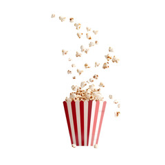 Popcorn flying out of red white striped paper box isolated on white or transparent background, PNG file 