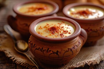 Mishti Doi, Traditional Bengali Food, Sweet Creamy Yogurt Dessert with Caramelized Sugar in Clay Pots