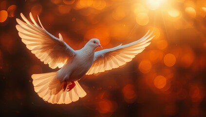 Dove flying in the air with sunset light bokeh background