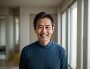 Photo of a happy middle-aged Japanese man in casual clothes relaxing inside a bright apartment