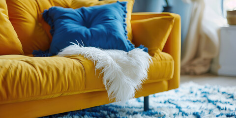 Vibrant Yellow Sofa with Blue Pillows. Close-up of soft yellow couch, decorative pillows, white fluffy rug, modern interior living room design.