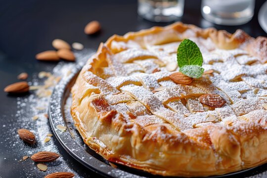 B'stilla or Bastilla, a Savory Moroccan Chicken Pie, Pastilla Pigeon Pie Topped with Almonds and Powdered Sugar