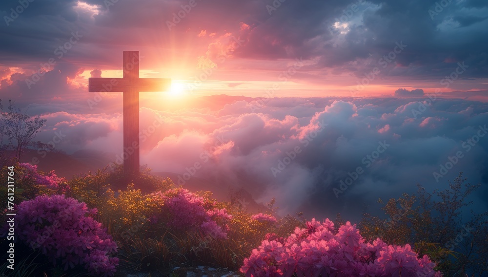 Wall mural cross on the top of the mountain with pink flowers at sunset. - Wall murals