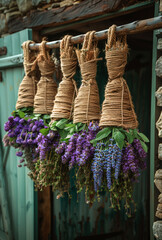 Bundles of lavender hanging on rope