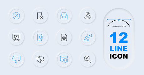 Cancel line icon set. Cross, mail, smartphone, monitor, password, verification. Neomorphism style. Vector line icon for Business