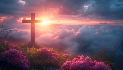 Cross on the top of the mountain with pink flowers at sunset.