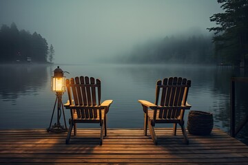 Two Empty Wood Chairs, Morning Lake View, Mist Swamp Wooden Pier, Nature Landscape, Misty Night