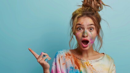 Surprised woman covered in colorful powder paint - obrazy, fototapety, plakaty