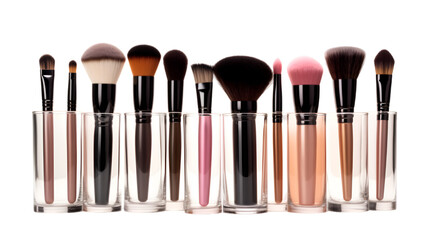 various makeup brushes in a glass on white background, png file