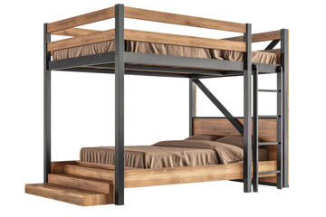 Wooden Bunk Bed With Metal Frame. On a Transparent Background.