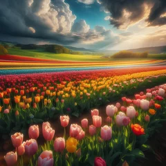 Zelfklevend Fotobehang field of tulips and blue sky © Ehtasham