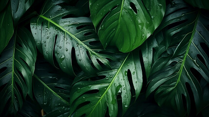 Green leaves of Monstera Deliciosa or Swiss cheese plant background.