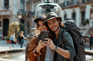 A young couple took a selfie photo in a city square near a fountain, wearing backpacks and smiling...