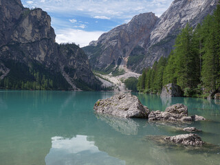 Scenic Braies Lake in Italian Alps Mountains, Italy