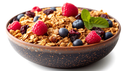 bowl of muesli with fresh berries isolated on a white background