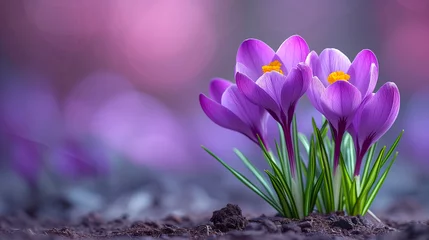 Poster Beautiful crocus flowers in spring garden with bokeh background © Виктория Дутко