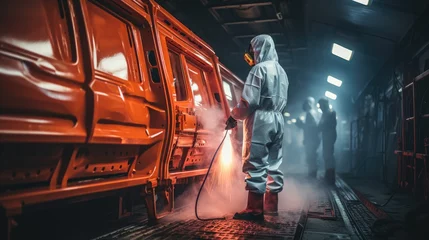 Deurstickers Automobile repairman in protective workwear and respirator painting © Muhammad_313
