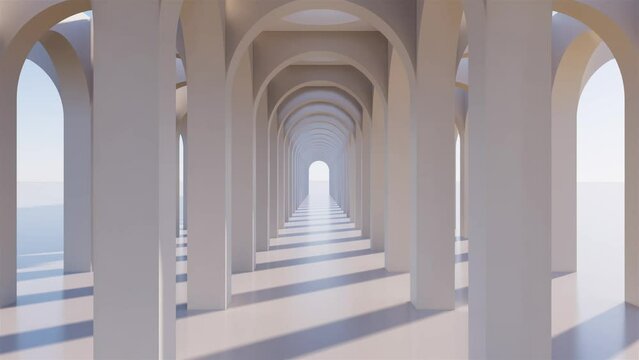 White arch background with sunlight. Architecture arcade rhythm background, 4K 3D seamless loopable animation.