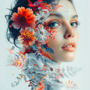 Beautiful young woman with flowers in her hair. Double exposure.