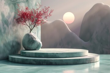 Rounds podium mockup with pink flower and landscape in asian Japanese style, mock up for product display scene and product presentation