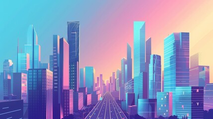 Various skyscrapers, urban architecture, tower buildings, and streets, card background. Cityscape, business districts, metropolitan areas, high buildings and skies. - obrazy, fototapety, plakaty