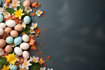 Easter background with Easter eggs and spring flowers. Top view with copy space - generative ai