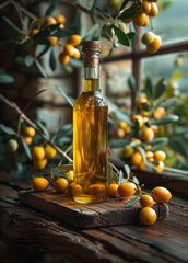 Bottle of olive oil with fresh green olives on wooden table in front of window