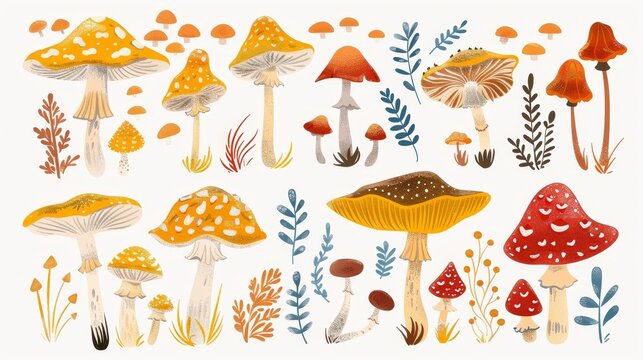 Forest fungi illustration. Autumn fall fungus, edible boletus, eryngi and amanita, caps and stalks. Modern illustration, flat modern illustration.
