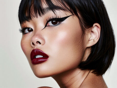 Portrait of a young Asian woman with black winged eyeliner and ample copyspace